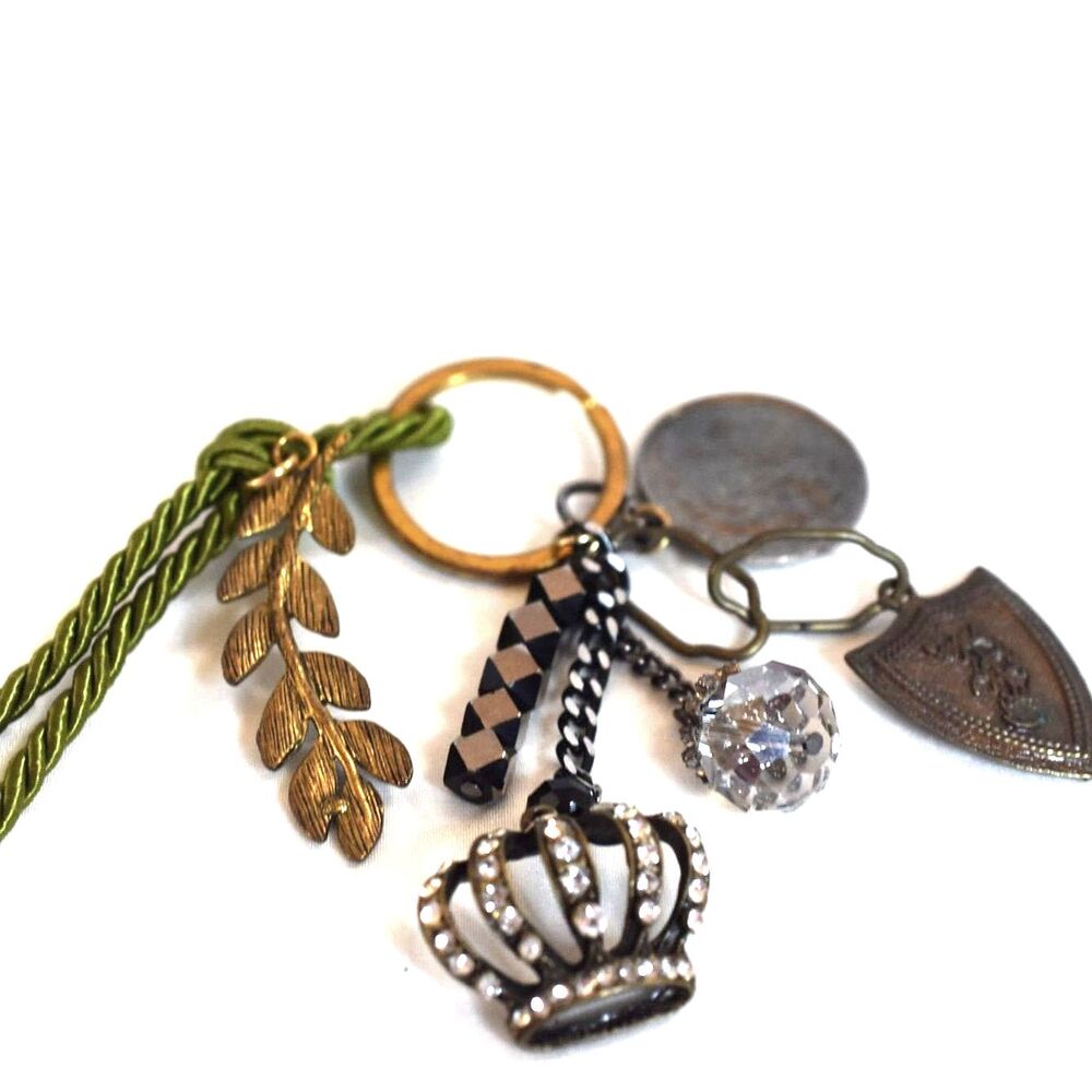 Vintage Style Boho Multi Charms Gold/Brass Tone 4.5" Purse Keychain